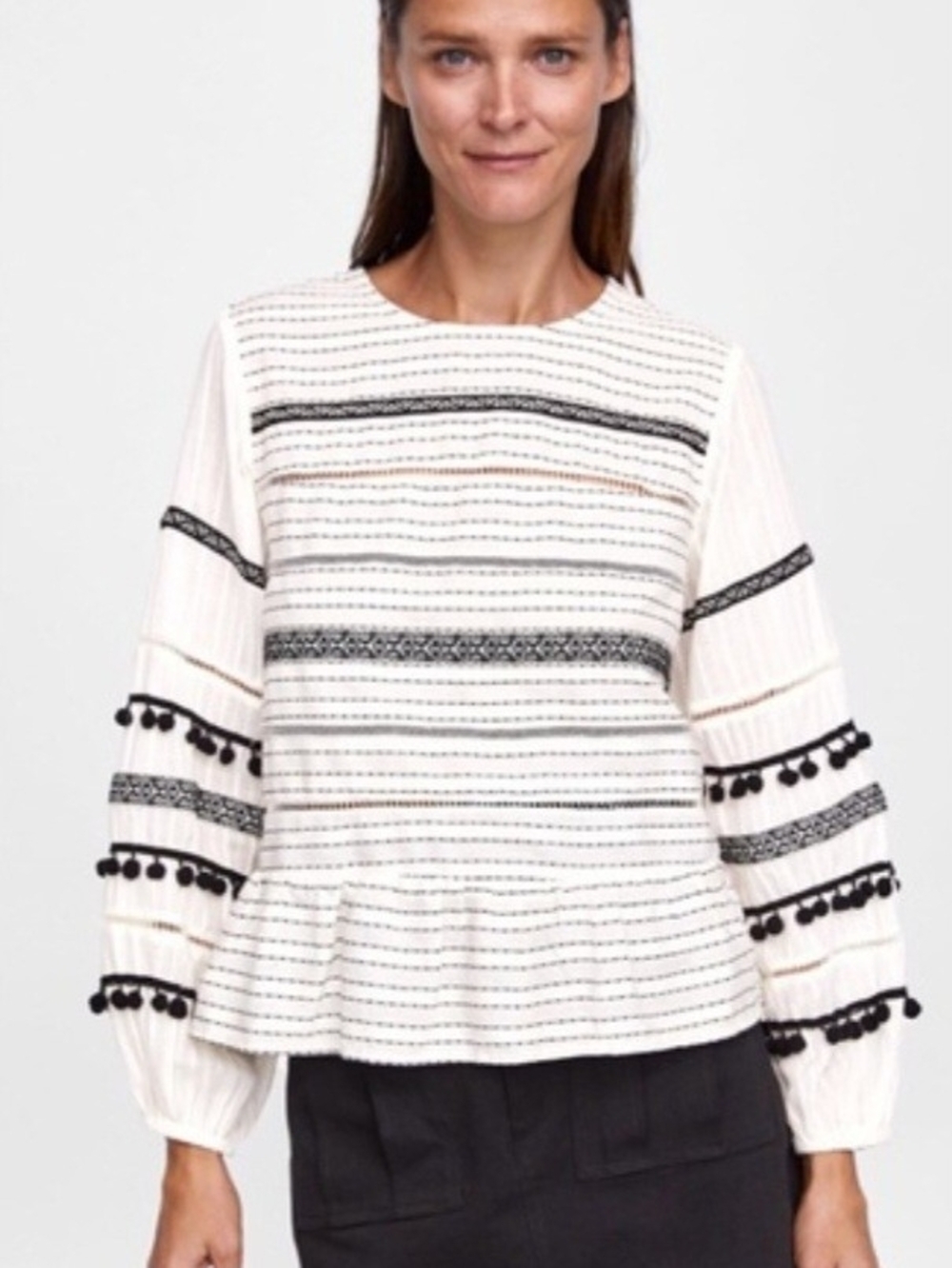 Zara White Blouse with Black Embroidered Stripes- Pom Pom Removed